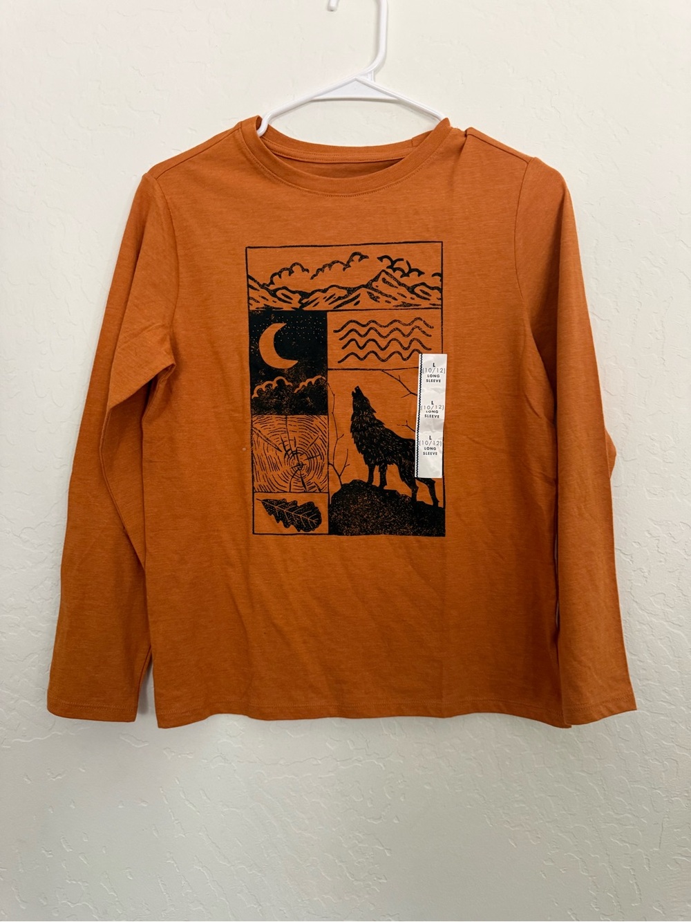Cat & Jack Rust Orange Long-Sleeve Tee with Black Wolf Graphic
